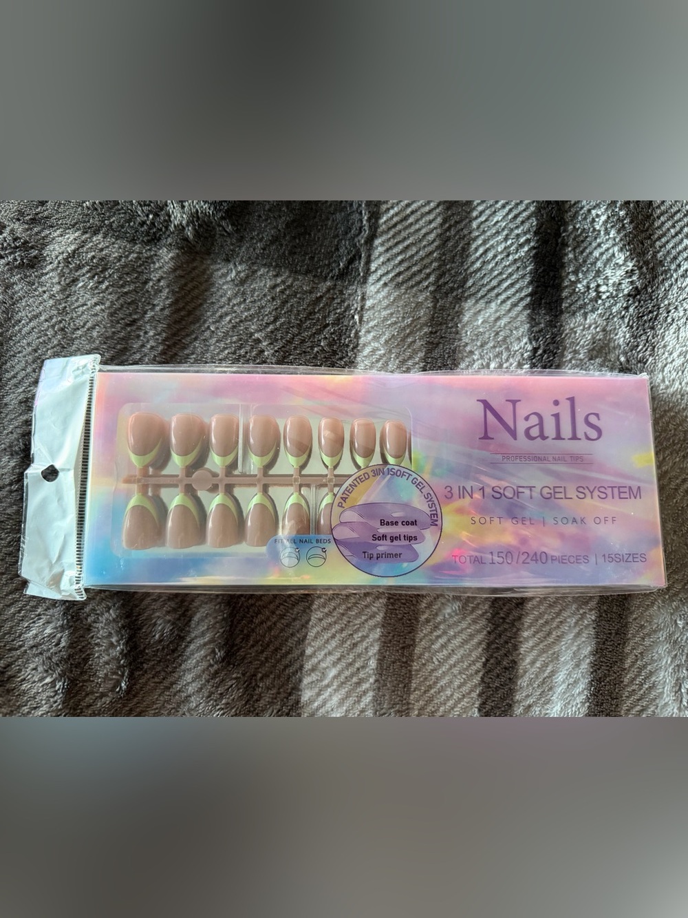 Nail Press-On Set Nude with Green Tips - 3-in-1 Soft Gel Tips